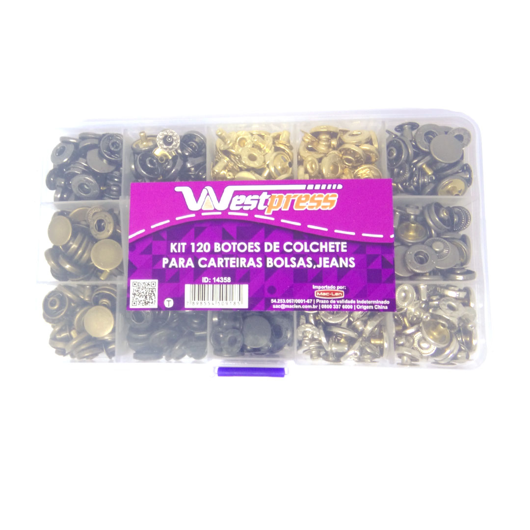 imagem prévia do produto: Kit com 120 botões colchetes 12mm com furador e aplicador Westpress